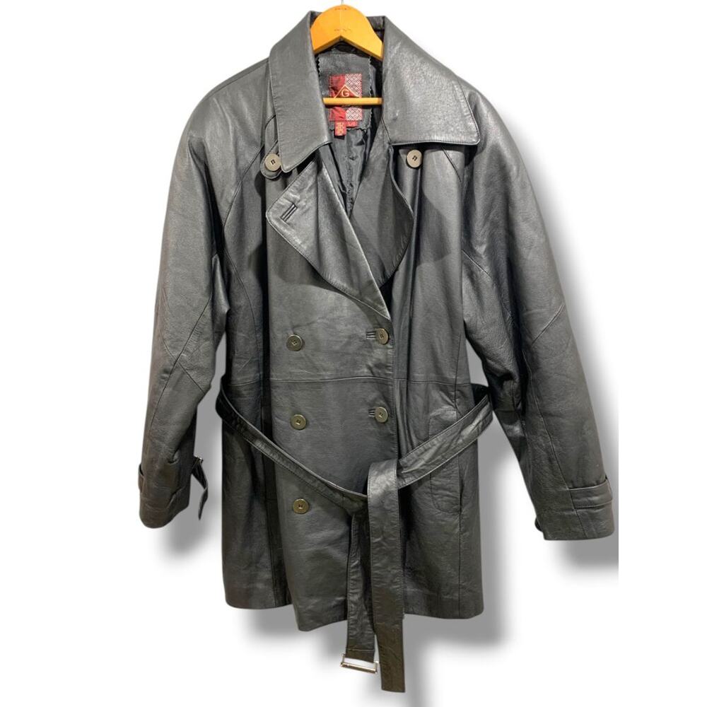 Large G III Womens Vintage Black Stiff Leather Belted‎ Trench Coat Insulated